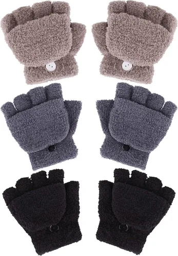 3 pares de guantes sin dedos para niños, guantes convertibles con tapa abatible, guantes de punto suave de invierno para niños y niñas