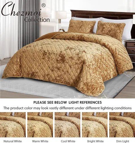 Miniatura 5 de Chezmoi Collection Lux - Juego de edredón King de terciopelo dorado caramelo, 3 piezas, ropa de cama de terciopelo envejecido de felpa exuberante