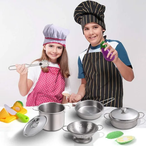 Miniatura 8 de Juboury Juego de juguetes de cocina con utensilios de cocina de acero inoxidable, utensilios de cocina, delantal y sombrero de chef, cortar verduras