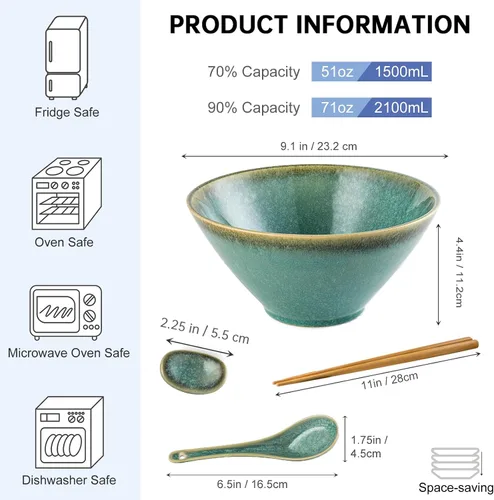 Miniatura 2 de Tazones grandes para servir ensalada, sopa, ramen, 71 OZ tazones de cerámica japoneses para fideos ramen con palillos, cucharas y soportes
