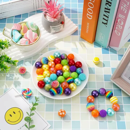 Miniatura 4 de Whaline Juego de 50 cuentas de goma de mascar de 0.78 pulgadas de grosor, 14 estilos, cuentas acrílicas coloridas con temática de arco iris, cuentas