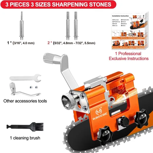 Miniatura 8 de Kit de plantilla de afilador de motosierra, herramienta de afilado de motosierra portátil con 3 piedras de moler y cepillo de limpieza, afilador