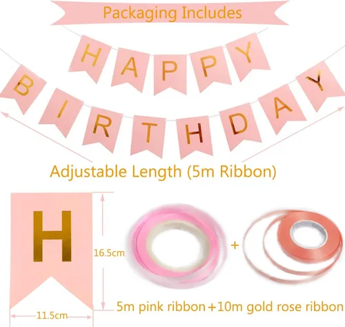 Miniatura 2 de Cartel de feliz cumpleaños, decoración de cumpleaños de oro rosa, 16 globos de 12 pulgadas con 2 cintas para decoración de fiesta de niña y mujer