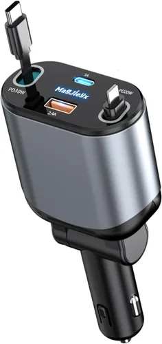Miniatura 10 de MAGJIEYX Cargador retráctil para automóvil 4 en 1, adaptador de carga rápida MAGJIEYX de 62 W, cables retráctiles tipo C/USB-i y dispositivos USB