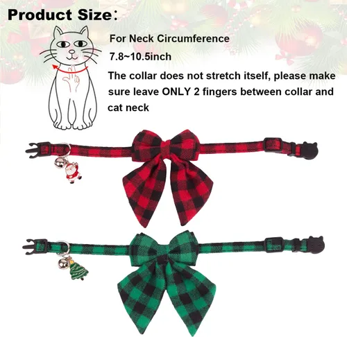 Miniatura 6 de PTDECOR Paquete de 2 Collares de Navidad para Gatos, Collar a Cuadros con Cascabel de Moño Extraíble, Collares de Navidad con Moño a Cuadros de Arco