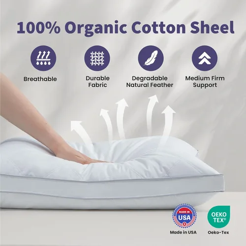 Miniatura 3 de Dreamhood Juego de 2 almohadas de plumas de ganso de lujo, tamaño estándar, hechas en Estados Unidos, con refuerzo, almohada de plumón firme media