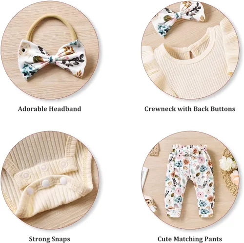 Miniatura 9 de fioukiay Conjunto de ropa de verano para bebés y niñas recién nacidas prematuros, mameluco, pantalones, diadema, conjunto de ropa para el verano