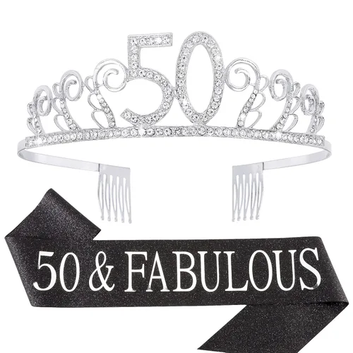 CIEHER Juego de corona y banda de cumpleaños número 50, 50 y fabulosos regalos para mujeres, suministros de recuerdo de fiesta de mamá, plata y