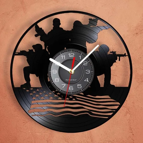 Miniatura 2 de Reloj de pared militar de diseño patriótico de 12 pulgadas, funciona con pilas, con bandera estadounidense, disco de vinilo decorativo, regalo Sin