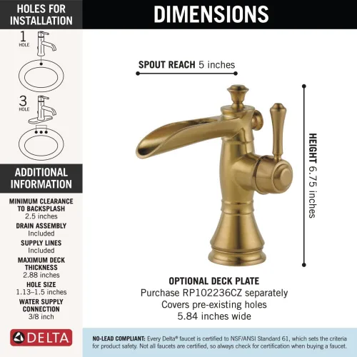 Miniatura 3 de Delta 598LF-MPU llave para baño de amplio alcance, con montaje de drenaje emergente, 598LF-CZMPU