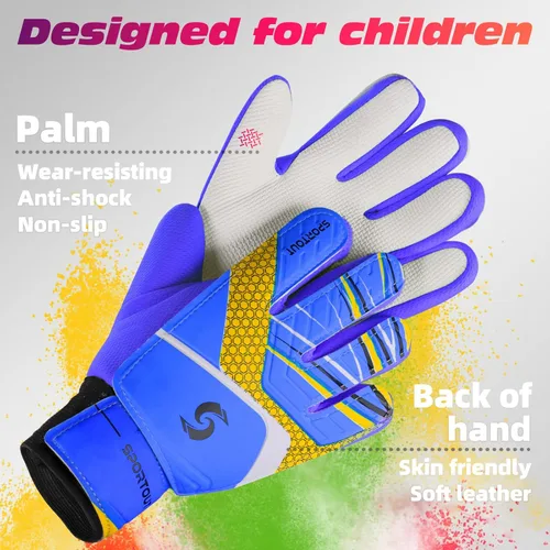 Miniatura 2 de Sportout Guantes de portero para niños, guantes de fútbol con doble protección en la muñeca y material de látex resistente al desgaste y Azul