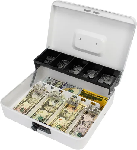 Miniatura 8 de Caja de efectivo con cerradura de combinación, caja de dinero de metal con bandeja de dinero, caja de bloqueo de efectivo para venta de garaje