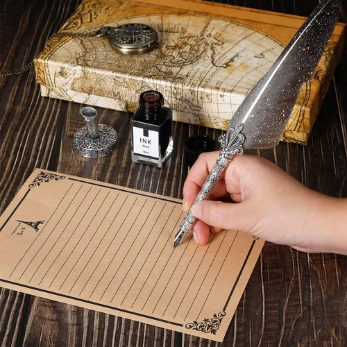 Miniatura 6 de Juego de tinta vintage de pluma, bolígrafos de plumas con bolígrafo de caligrafía de madera, incluye 7 tamaños diferentes de plumas, juego