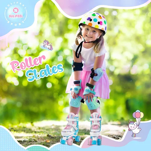 Miniatura 6 de SULIFEEL Rainbow Unicorn - Patines ajustables de 4 tamaños para niñas y niños de 3-5, 5-8, 6-12 años, patines para interiores y exteriores C Azul