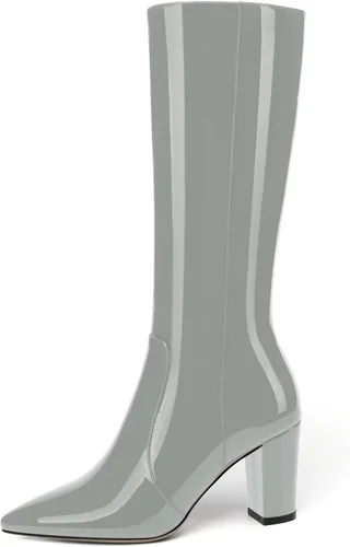 Miniatura 51 de AMBELIGHT Botas altas hasta la rodilla con cremallera y puntera puntiaguda para mujer, de patente sólida, tacón alto, 3.3 pulgadas