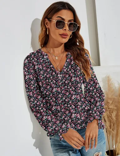 Miniatura 2 de Romanstii Camisetas casuales con cuello en V para mujer, blusas sueltas de manga larga abombada