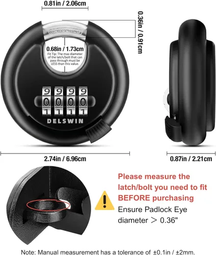 Miniatura 2 de DELSWIN Cerradura de combinación de disco de 4 dígitos para exteriores, candados de combinación resistentes con grillete de acero endurecido Negro 2