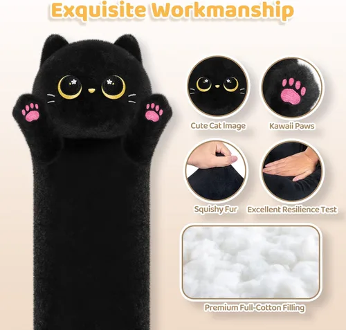 Miniatura 4 de Almohada larga de felpa negra ultra suave diseñada por artistas de Mewaii, con relleno extra para mayor comodidad, peluche de animal de alta
