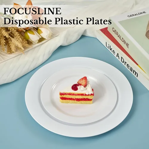 Miniatura 5 de FOCUSLINE 100 platos blancos de plástico desechables para postre de 7 pulgadas, platos de plástico resistentes desechables para bodas, fiestas