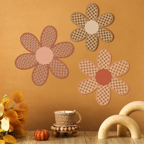 Miniatura 3 de Maitys 3 piezas de decoración de pared de margaritas bohemias, flores de ratán natural, arte bohemio de madera, flores de guardería, decoración