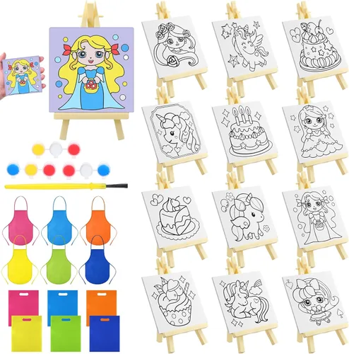 Miniatura 9 de Tenceur Juego de 48 piezas de recuerdos de fiesta de pintura para niños con 12 piezas de paneles de lona predibujados de animales y caballete