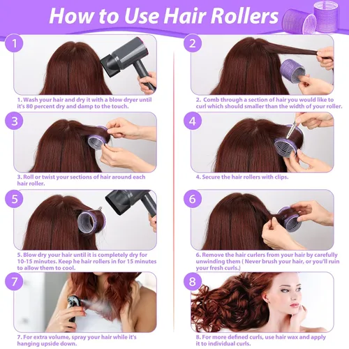 Miniatura 6 de Juego de rizadores de pelo jumbo – 24 piezas con 12 rodillos grandes y 12 clips para añadir volumen a cabello largo y grueso (morado)