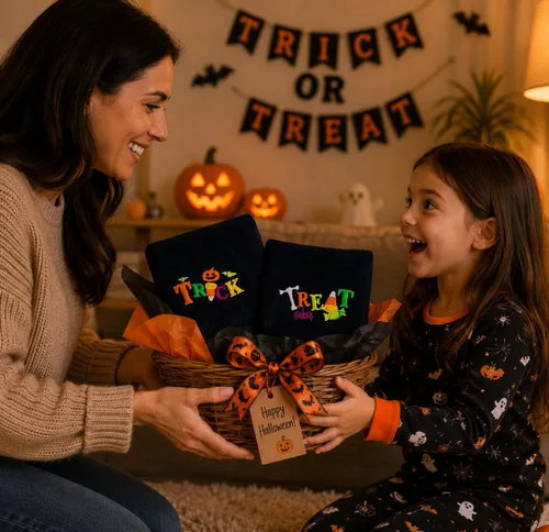 Miniatura 4 de Juego de 2 toallas de mano decorativas de Halloween, toallas de algodón de terciopelo de felpa negra con diseño bordado de truco o trato, toallas