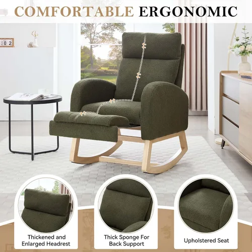 Miniatura 4 de Mecedora de lactancia de 40 pulgadas, sillas de guardería con reposapiés ajustable, respaldo alto, sillón tapizado con bolsillos laterales, mecedora