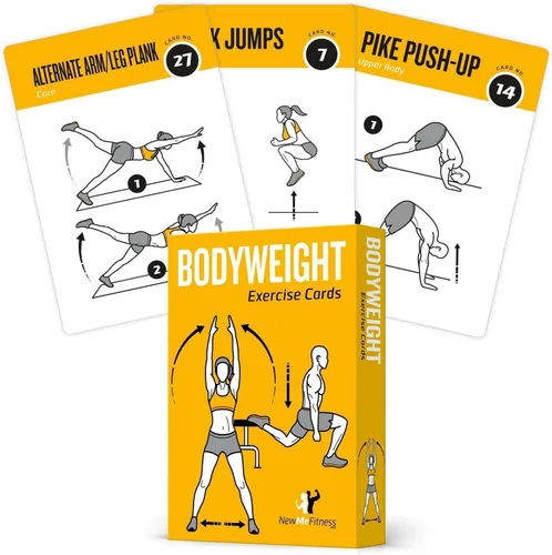 NewMe Fitness Tarjetas de entrenamiento de peso corporal, baraja de instrucciones de fitness para mujeres y hombres, guía de fitness para