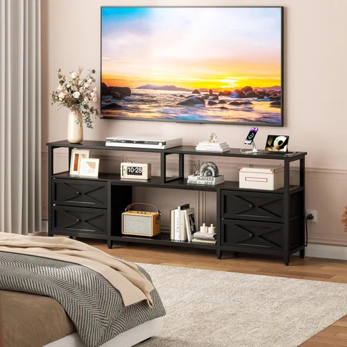 Miniatura 9 de JUSTOGO Soporte de TV con cajones de tela para TV de 65, 70, 75 pulgadas, centro de entretenimiento con estante de almacenamiento abierto, tomas
