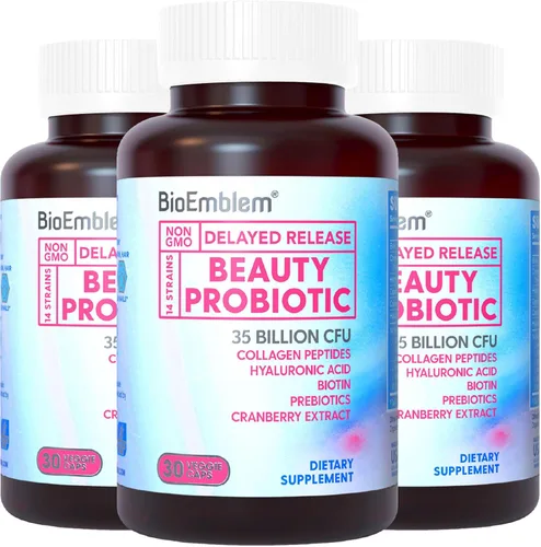 BioEmblem Probióticos de belleza para mujeres, 35 mil millones de UFC, 14 cepas con biotina, colágeno, prebióticos para la salud digestiva, piel y