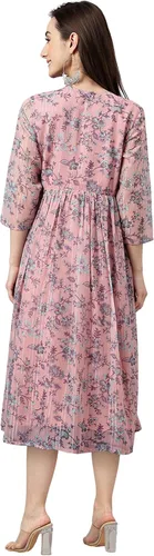 Miniatura 6 de Janasya Vestido acampanado con estampado floral de lúrex de gasa rosa para mujer