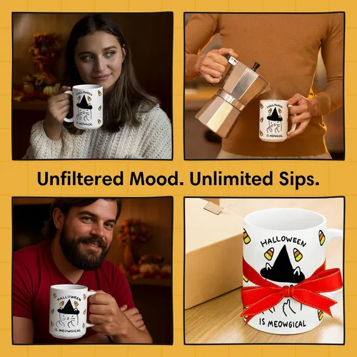 Miniatura 6 de LookHUMAN Taza de Café de Halloween – Halloween Is Meowgical Tazas, Taza de Café Espeluznante Idea de Regalos de Taza, 15 Onzas 10-Blanco