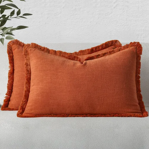 Miniatura 13 de MIULEE Juego de 2 fundas de almohada decorativas de lino neutro con flecos, fundas de cojín de estilo bohemio con borlas para sofá, cama, sala
