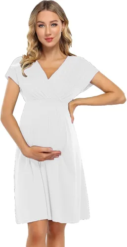 Coolmee Vestido de maternidad para mujer, con cuello en V, acampanado, longitud hasta la rodilla, vestido cruzado para baby shower o uso casual
