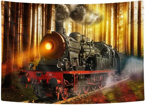 Miniatura 3 de Bzhilja Tapiz de tren de vapor, tapiz vintage retro antiguo de tren de motor, antiguo tren antiguo en vías de ferrocarril, tren expreso, tren