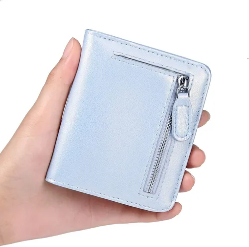 Miniatura 4 de Funtor Cartera de cuero para mujer, pequeña y compacta, con bolsillo doble, bloqueo RFID, para mujer