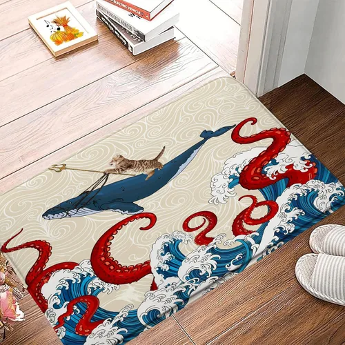 Tapete de baño de tentáculos de pulpo, océano rojo, kraken, animales náuticos, tentáculos de pulpo, grandes olas japonesas, divertido, gato,
