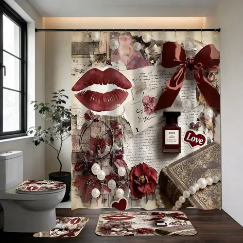 Miniatura 2 de DDQQ Juego de 4 cortinas de ducha sexy para mujer, con lazo de perlas, juego de decoración de baño de flores rojas a la moda, juego de cortinas
