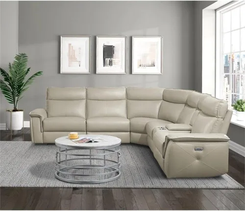 Miniatura 2 de Pemberly Row Sofá reclinable doble de cuero de 110" con reposacabezas en beige