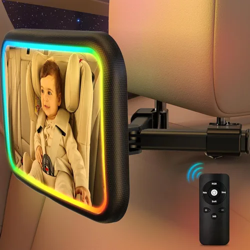 Miniatura 2 de Espejo de coche para bebé con luz, 7 luces RGB orientadas hacia atrás, espejo de asiento de coche de bebé con control remoto recargable de rotación
