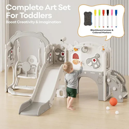Miniatura 4 de Mloong Juego de toboganes y columpios 11 en 1 para niños pequeños de 1 a 3 años, para interiores y exteriores, con aro de baloncesto, golf, fácil