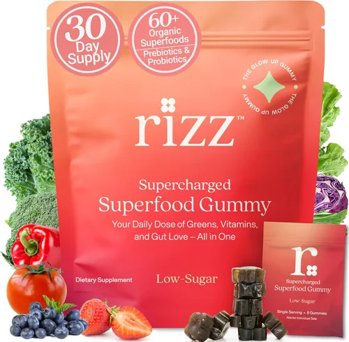 Rizz Gomitas Verdes Bajas en Azúcar - Más de 60 Superalimentos 6g de Fibra - Gomitas Prebióticas y Probióticas - Multivitaminas Veganas para Mujeres
