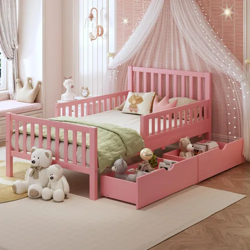 Miniatura 8 de Bellemave Base de cama individual para niños con vallas y 2 cajones, plataforma de madera tamaño individual con barandillas en ambos lados