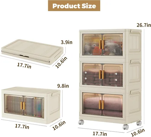 Miniatura 2 de 3 niveles de contenedores de almacenamiento de plástico apilables con tapas de 28QT, organizadores de armario plegables y almacenamiento con ruedas