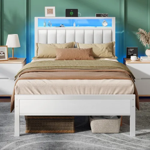 Miniatura 12 de Furnulem - Base de cama tamaño Queen con estación de carga y luces LED, cama de plataforma con listones de metal, cabecera tapizada gris con Roble
