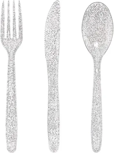 WDF Cubiertos de plástico plateado 360 - Cubiertos de plástico desechables con purpurina plateada - cubiertos desechables que incluyen: 120 Escarcha