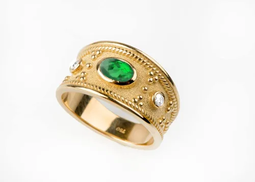 Miniatura 2 de Anillo bizantino de esmeralda CZ de oro, banda etrusca esmeralda hecha a mano