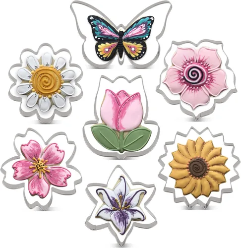 LILIAO Juego de cortadores de galletas de flores, 7 piezas, diseño de lirio, margarita, girasol, flores de cerezo, tulipán, flores kapok y galletas