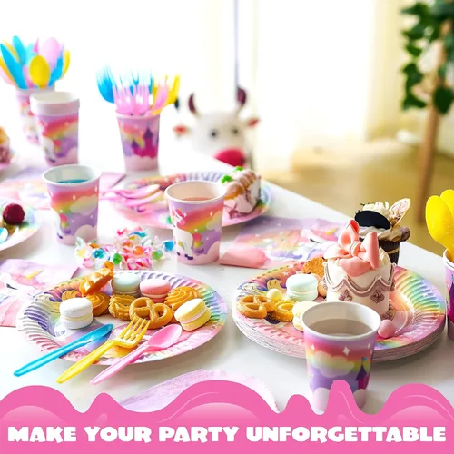 Miniatura 3 de JOYIN 145 piezas de suministros para fiesta de cumpleaños de unicornio con pancarta de unicornio para niñas, juego de vajilla desechable